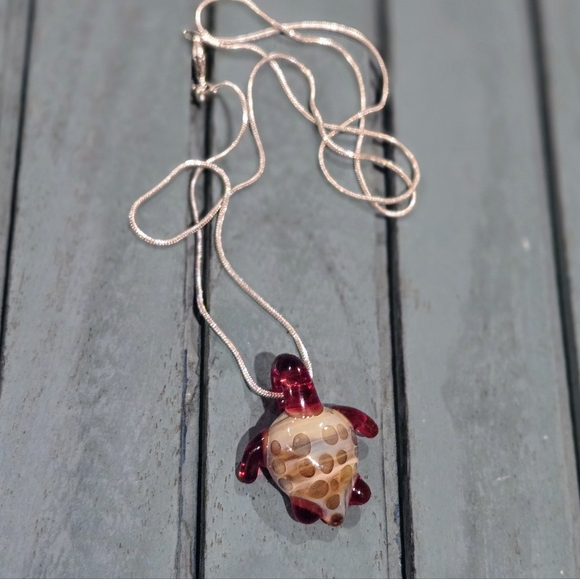 Blown Glass Sea Turtle Pendant Necklace - Picture 3 of 9